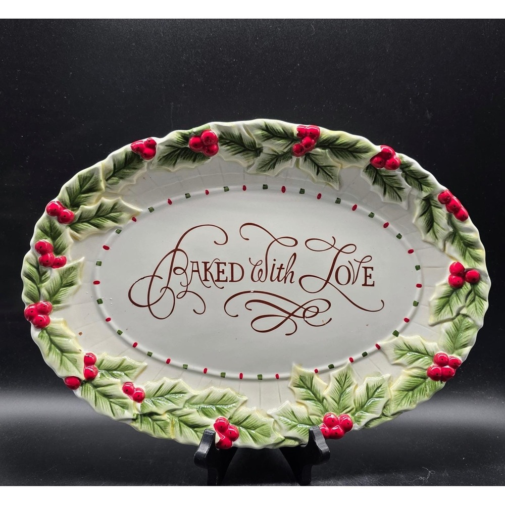 Fitz and Floyd Baked With Love Christmas Cookie Platter Holly Berry Oval Tray